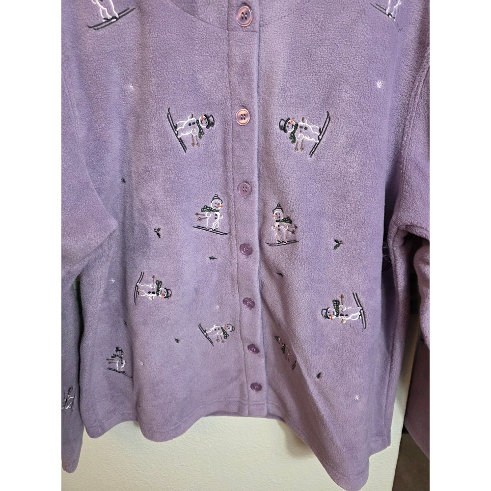 Vintage Christopher & Banks Fleece Cardigan Sweater Purple Snowman Ski Large - Picture 4 of 13